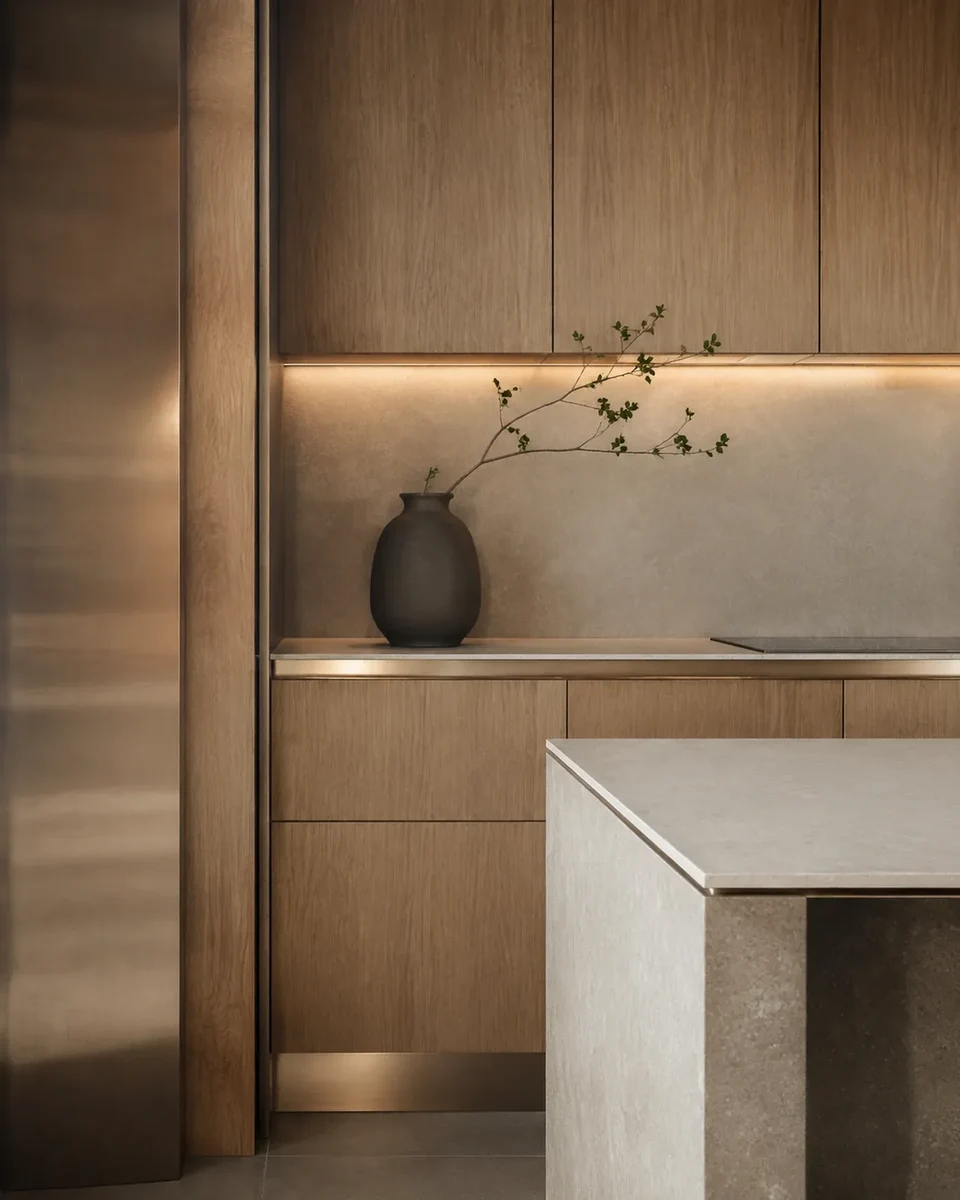 Encuentro entre madera, mesada y luz integrada