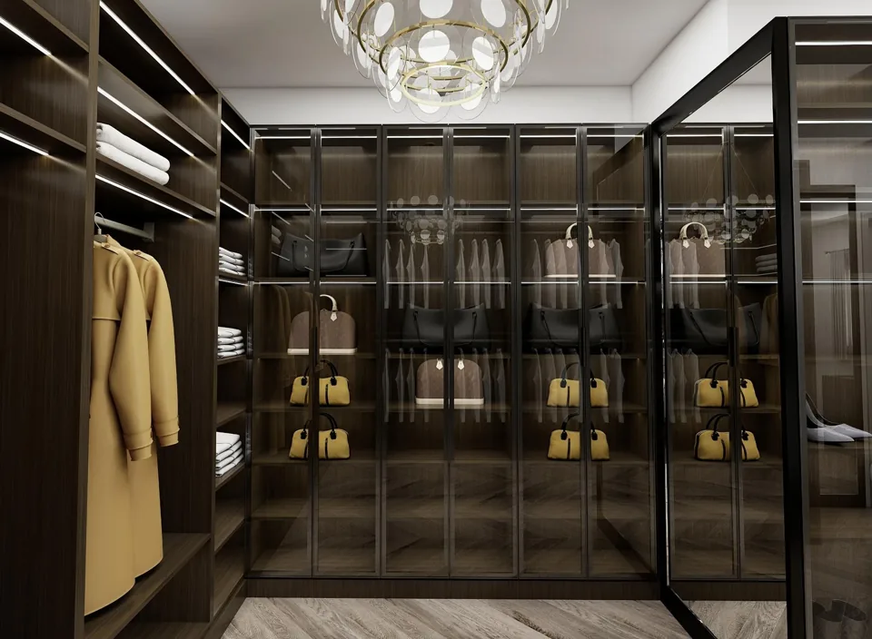 Ambientación de vestidor con madera y luz integrada